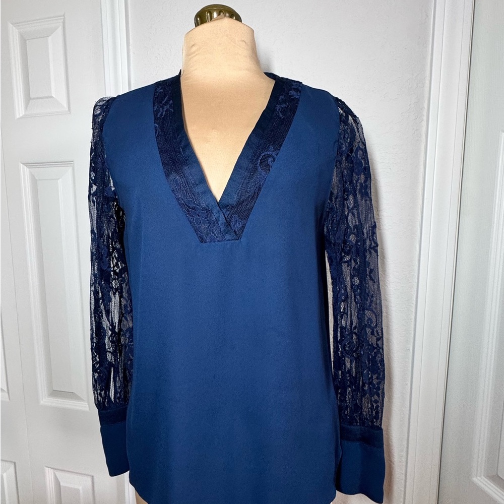 Express Navy V-Neck Blouse with Lace Sleeves